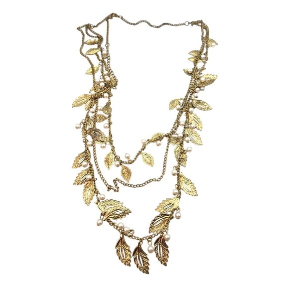 Goldtone Leaf Fringe Necklace With Pearl Accents - Picture 1 of 2